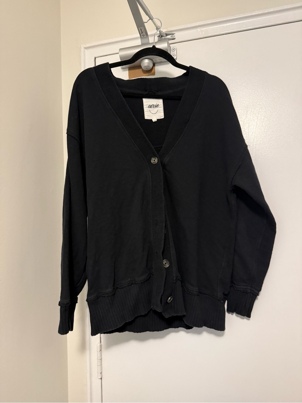 aerie Black V-Neck Button-Up Sweater